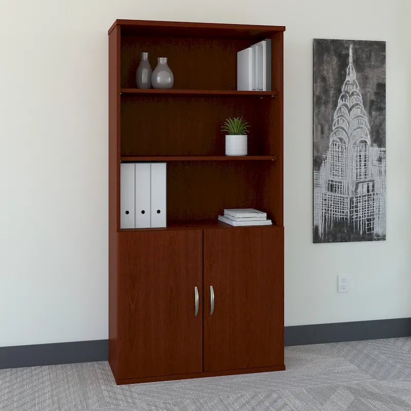 Mahogany / Cherry / Mocha 5-Shelf Bookcase with 2 Doors and Adjustable Shelves, Single