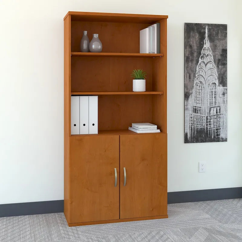 Mahogany / Cherry / Mocha 5-Shelf Bookcase with 2 Doors and Adjustable Shelves, Single