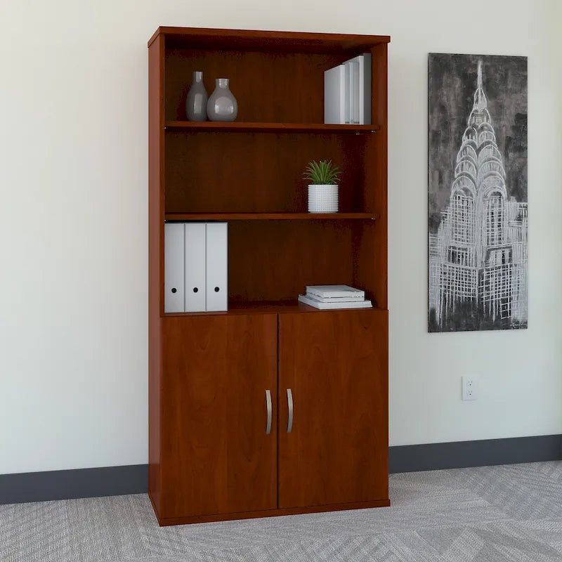 Mahogany / Cherry / Mocha 5-Shelf Bookcase with 2 Doors and Adjustable Shelves, Single