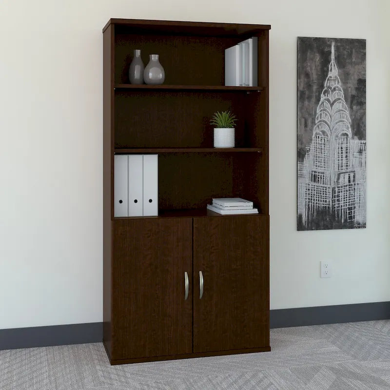 Mahogany / Cherry / Mocha 5-Shelf Bookcase with 2 Doors and Adjustable Shelves, Single
