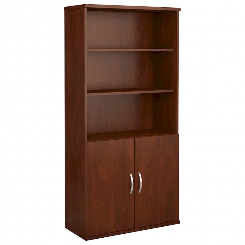 Mahogany / Cherry / Mocha 5-Shelf Bookcase with 2 Doors and Adjustable Shelves, Single