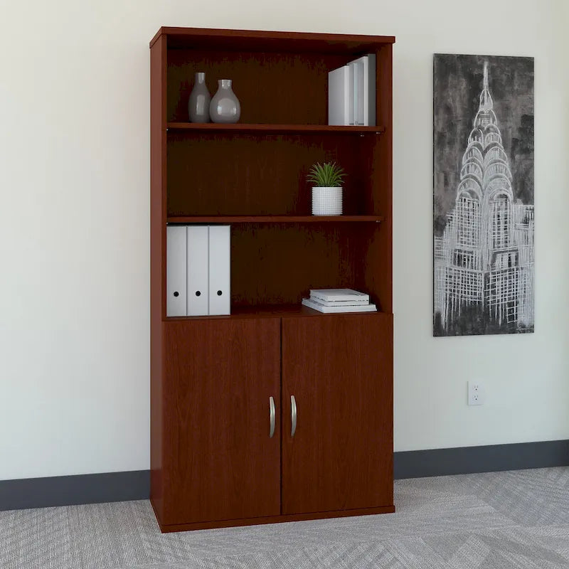 Mahogany / Cherry / Mocha 5-Shelf Bookcase with 2 Doors and Adjustable Shelves, Single