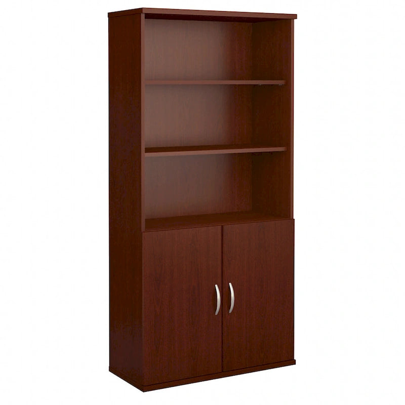 Mahogany / Cherry / Mocha 5-Shelf Bookcase with 2 Doors and Adjustable Shelves, Single