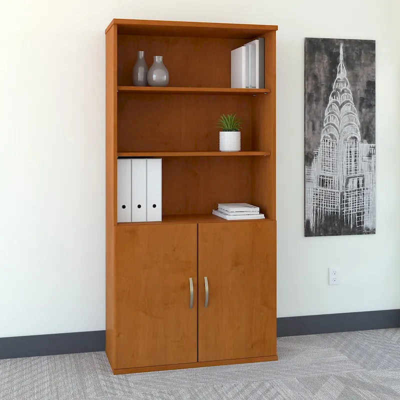 Mahogany / Cherry / Mocha 5-Shelf Bookcase with 2 Doors and Adjustable Shelves, Single
