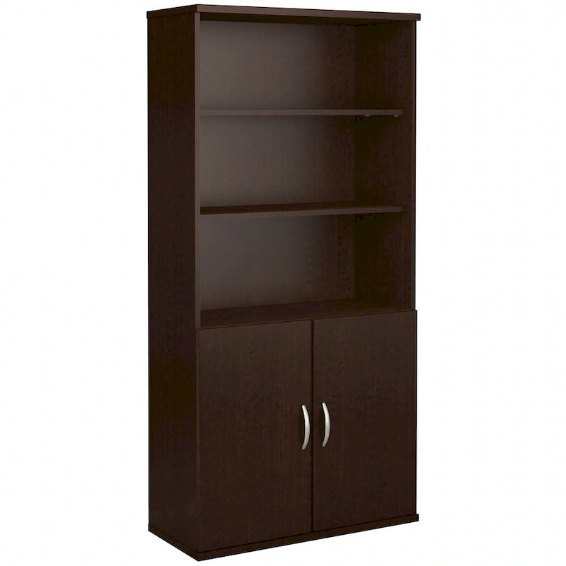 Mahogany / Cherry / Mocha 5-Shelf Bookcase with 2 Doors and Adjustable Shelves, Single