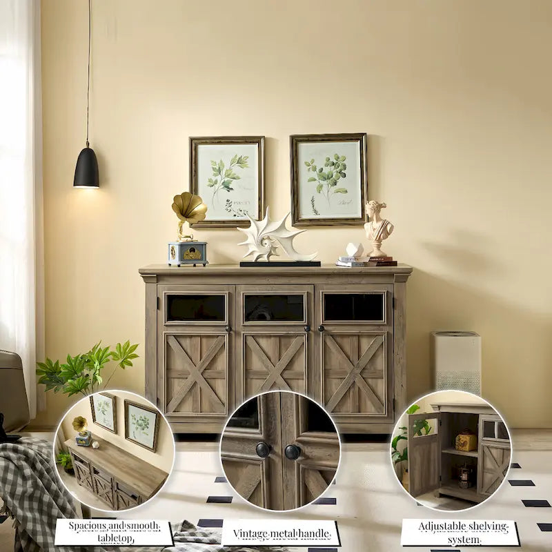 Farmhouse Sideboard Buffet Cabinet with Storage with 3 Doors, Kitchen Storage Cabinet, Coffee Bar Cabinet with Adjustable Shelf