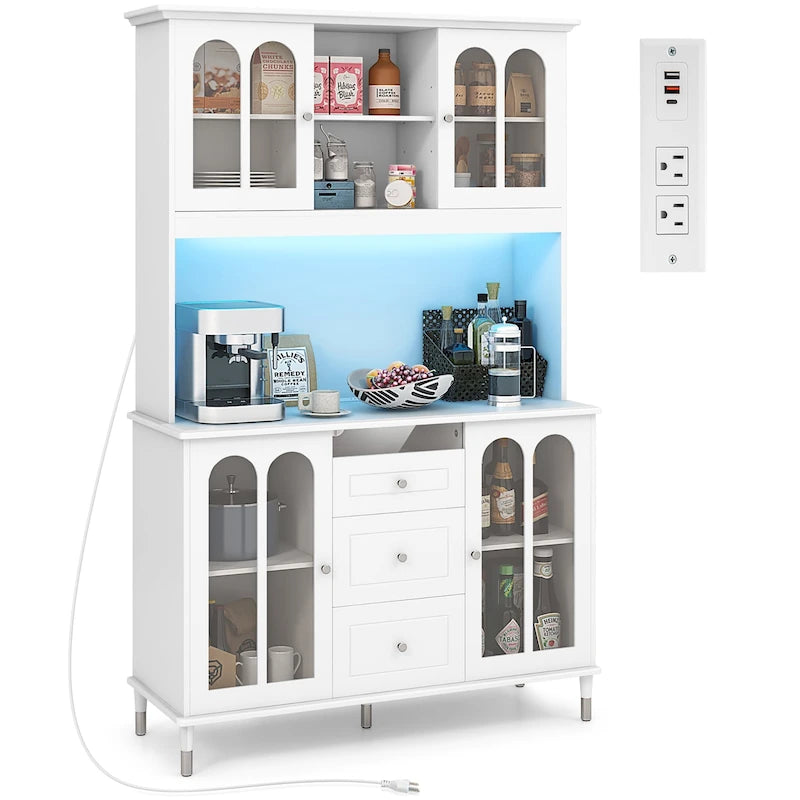 White 73" Tall Kitchen Pantry Cabinet with LED Lights & Power Outlets