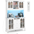 White 73" Tall Kitchen Pantry Cabinet with LED Lights & Power Outlets