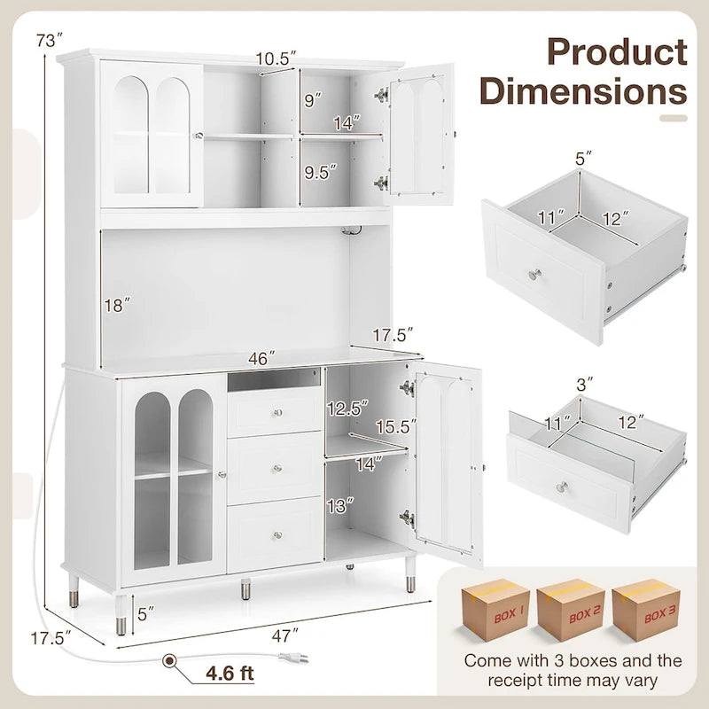 White 73" Tall Kitchen Pantry Cabinet with LED Lights & Power Outlets