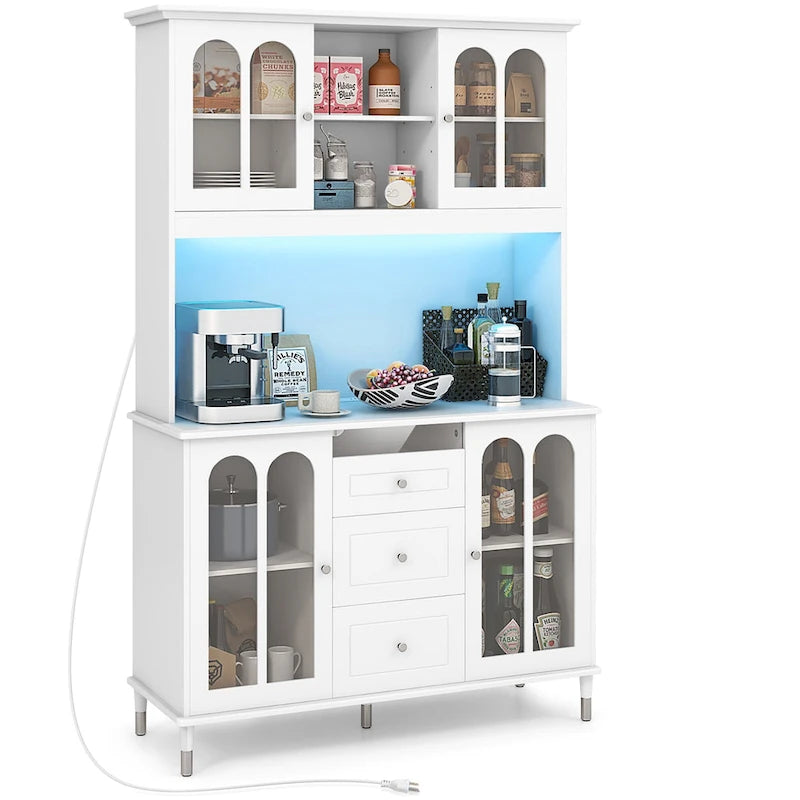 White 73" Tall Kitchen Pantry Cabinet with LED Lights & Power Outlets