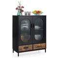 Black & Rustic Brown Industrial Buffet Sideboard with Glass Doors & Drawers, Single