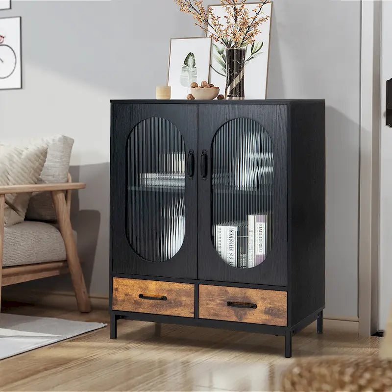 Black & Rustic Brown Industrial Buffet Sideboard with Glass Doors & Drawers, Single