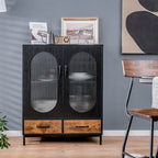 Black & Rustic Brown Industrial Buffet Sideboard with Glass Doors & Drawers, Single