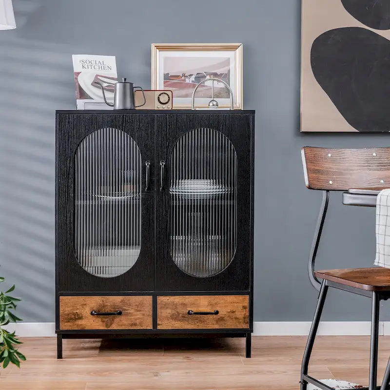 Black & Rustic Brown Industrial Buffet Sideboard with Glass Doors & Drawers, Single