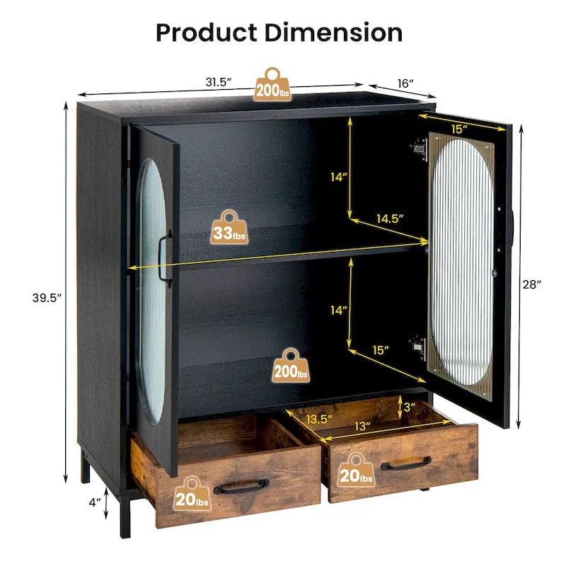 Black & Rustic Brown Industrial Buffet Sideboard with Glass Doors & Drawers, Single