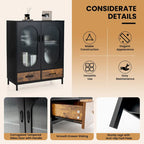 Black & Rustic Brown Industrial Buffet Sideboard with Glass Doors & Drawers, Single