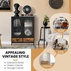 Black & Rustic Brown Industrial Buffet Sideboard with Glass Doors & Drawers, Single