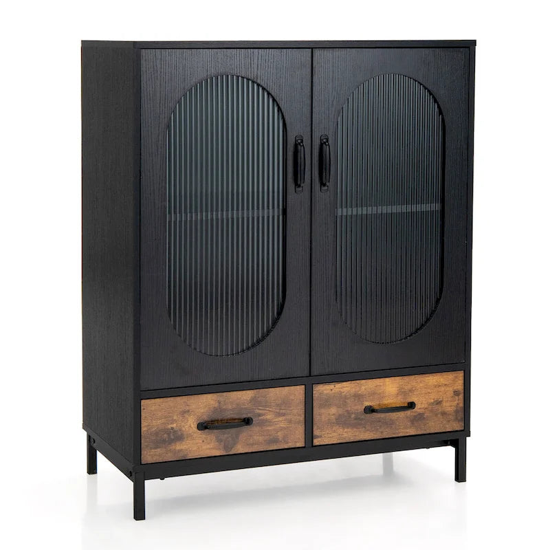 Black & Rustic Brown Industrial Buffet Sideboard with Glass Doors & Drawers, Single