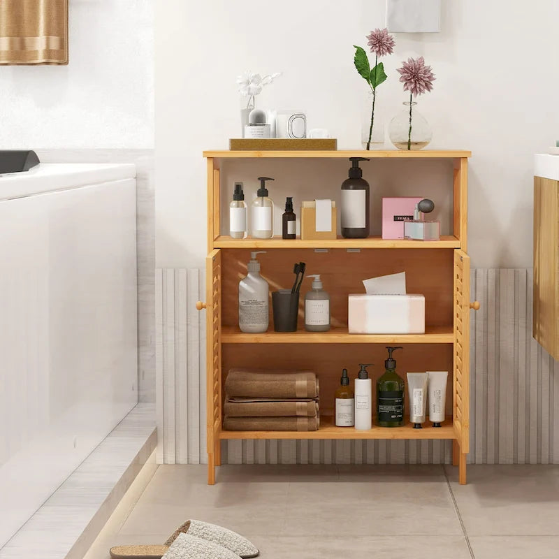 Natural Bamboo Floor Storage Cabinet with Louvered Doors and Open Shelf, Single, Freestanding