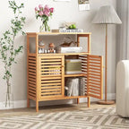 Natural Bamboo Floor Storage Cabinet with Louvered Doors and Open Shelf, Single, Freestanding