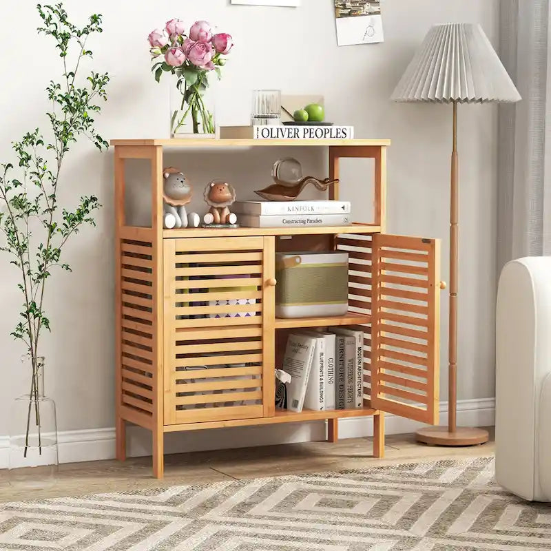 Natural Bamboo Floor Storage Cabinet with Louvered Doors and Open Shelf, Single, Freestanding