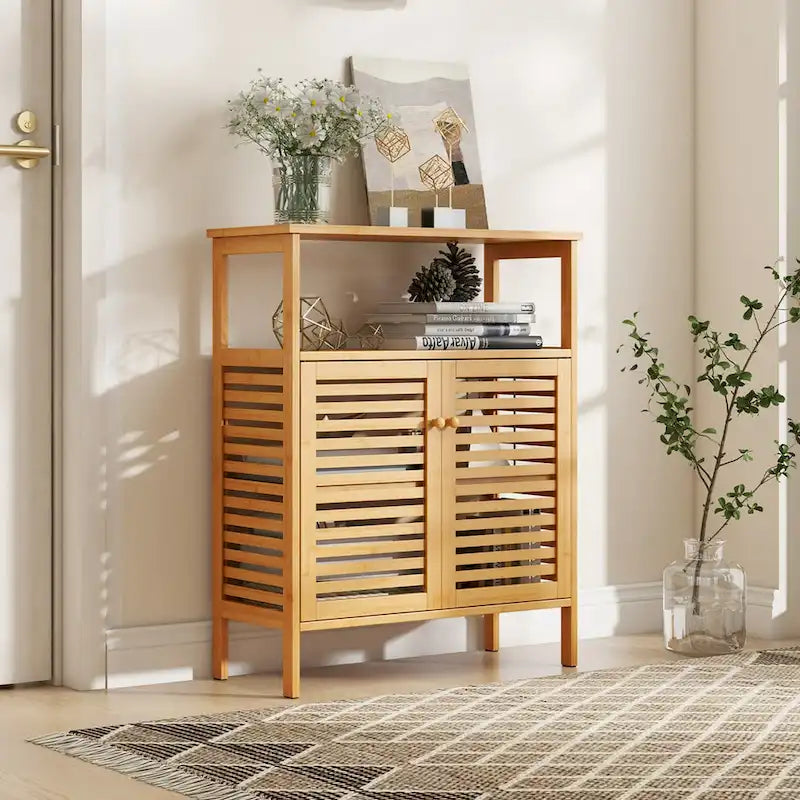 Natural Bamboo Floor Storage Cabinet with Louvered Doors and Open Shelf, Single, Freestanding