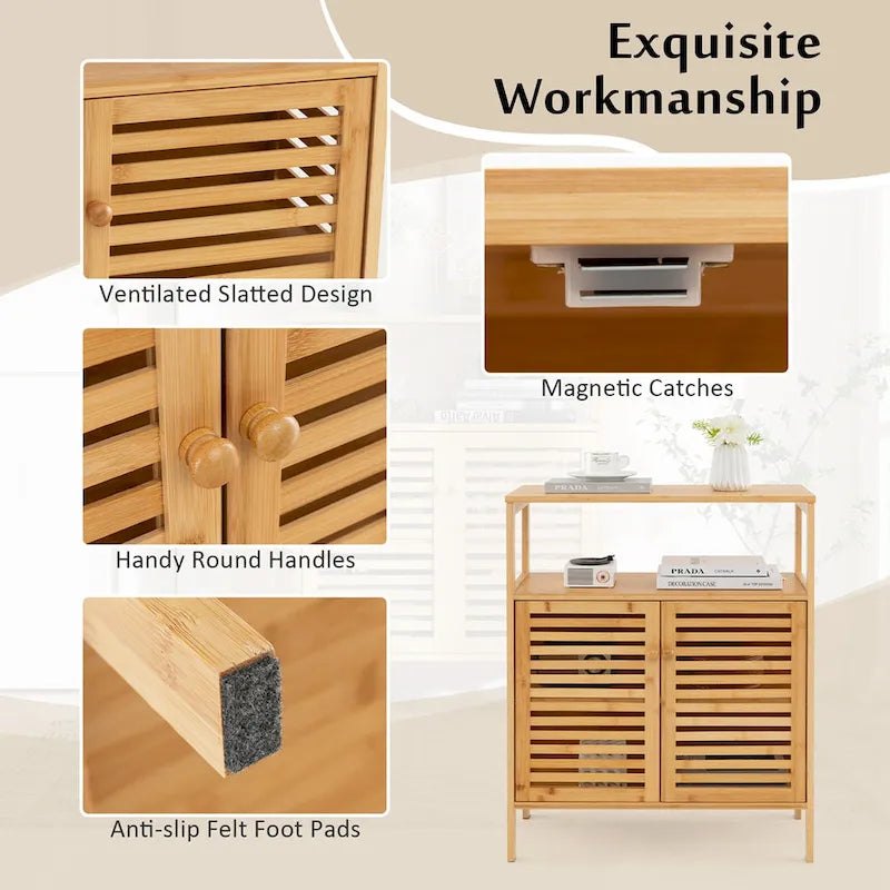 Natural Bamboo Floor Storage Cabinet with Louvered Doors and Open Shelf, Single, Freestanding