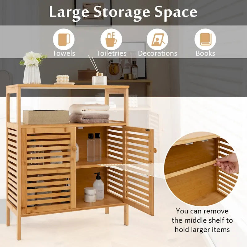 Natural Bamboo Floor Storage Cabinet with Louvered Doors and Open Shelf, Single, Freestanding