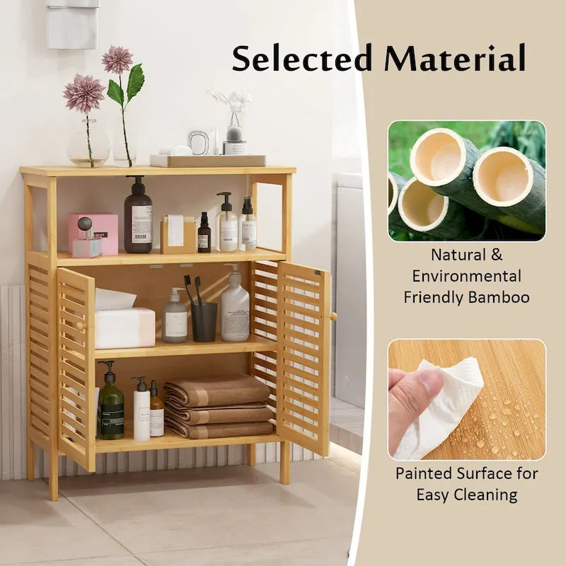 Natural Bamboo Floor Storage Cabinet with Louvered Doors and Open Shelf, Single, Freestanding