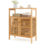 Natural Bamboo Floor Storage Cabinet with Louvered Doors and Open Shelf, Single, Freestanding