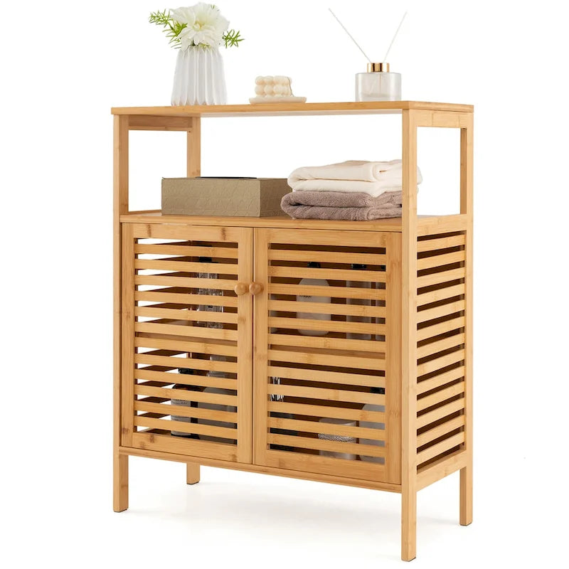 Natural Bamboo Floor Storage Cabinet with Louvered Doors and Open Shelf, Single, Freestanding