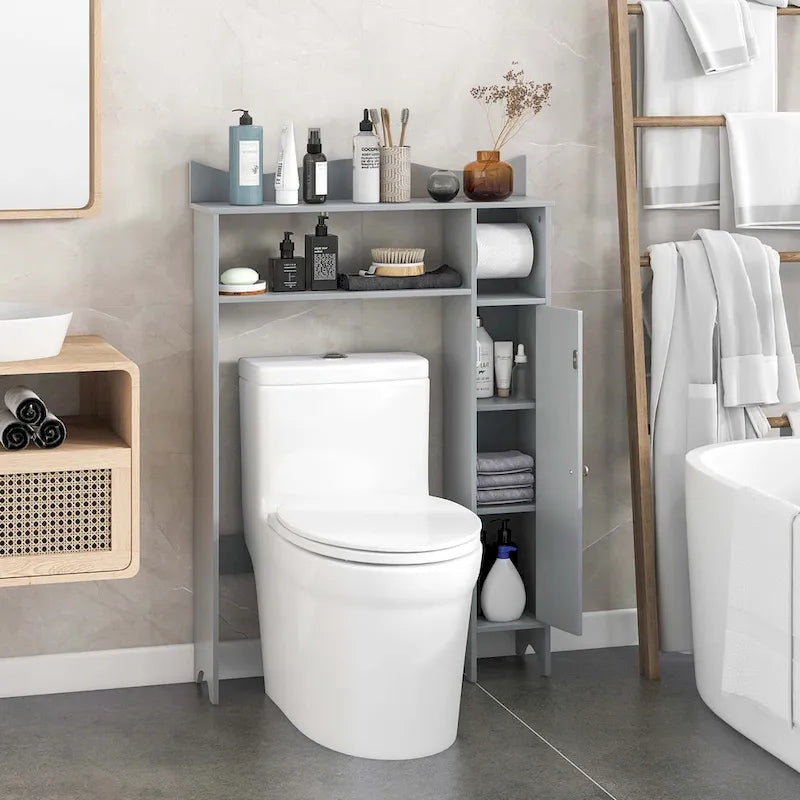 Grey Over-Toilet Storage Cabinet with Toilet Paper Holder, Single, Freestanding