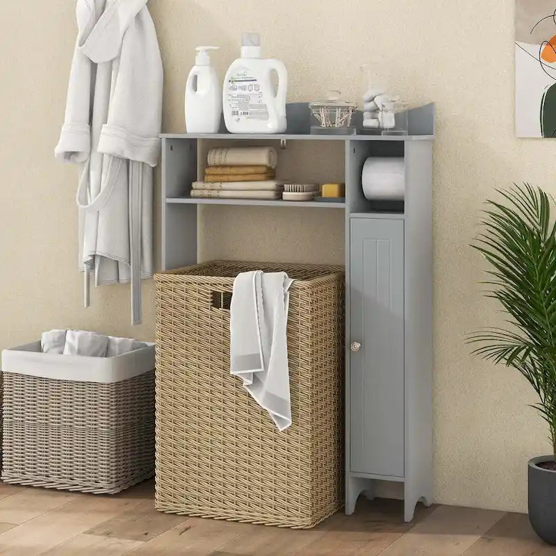 Grey Over-Toilet Storage Cabinet with Toilet Paper Holder, Single, Freestanding