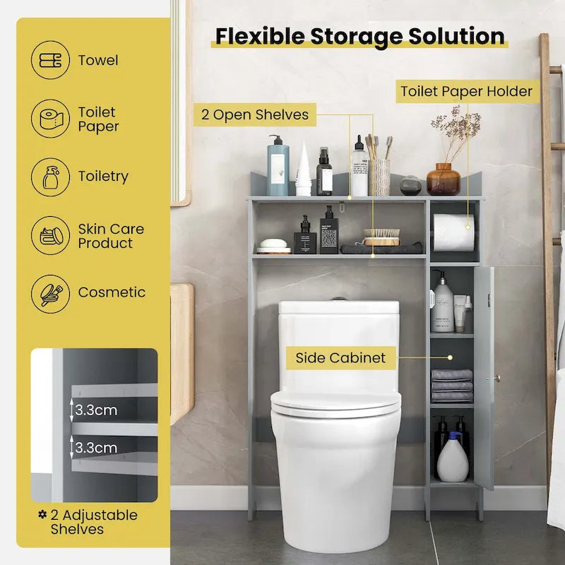 Grey Over-Toilet Storage Cabinet with Toilet Paper Holder, Single, Freestanding