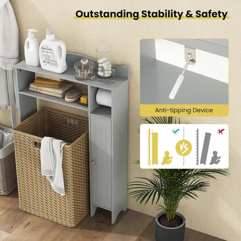 Grey Over-Toilet Storage Cabinet with Toilet Paper Holder, Single, Freestanding