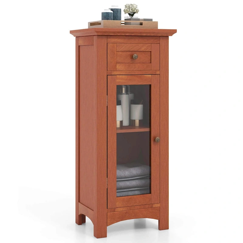 Black / Brown Bathroom Floor Cabinet with Glass Door & Drawer, Single, Freestanding