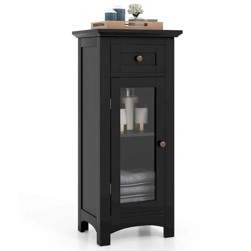 Black / Brown Bathroom Floor Cabinet with Glass Door & Drawer, Single, Freestanding
