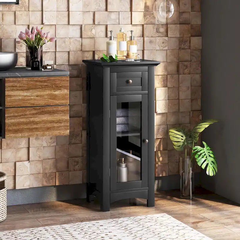 Black / Brown Bathroom Floor Cabinet with Glass Door & Drawer, Single, Freestanding