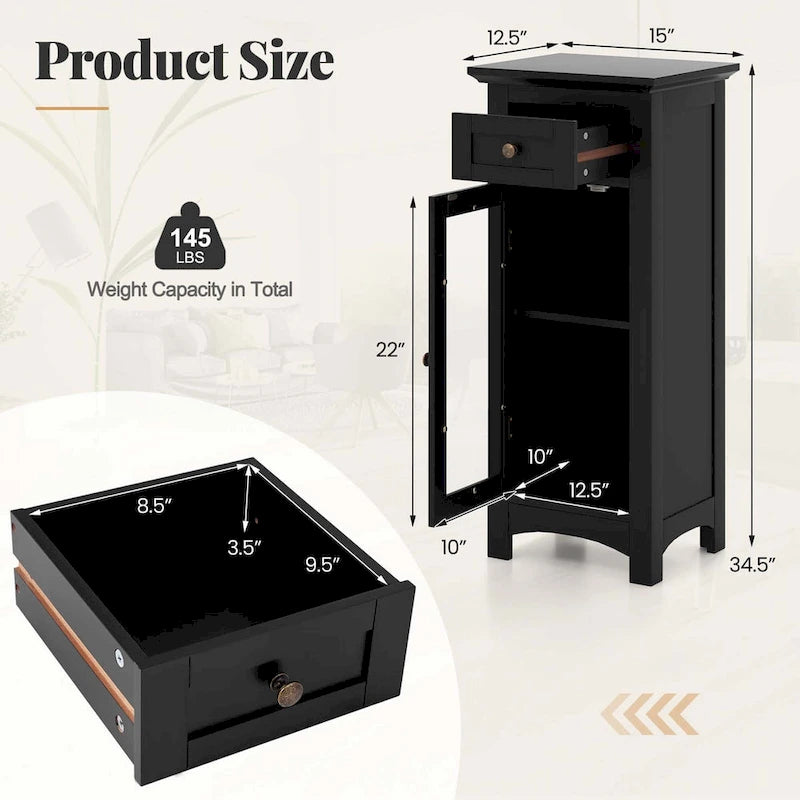 Black / Brown Bathroom Floor Cabinet with Glass Door & Drawer, Single, Freestanding