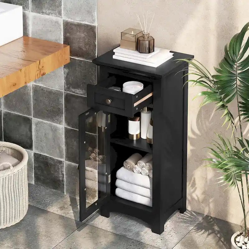Black / Brown Bathroom Floor Cabinet with Glass Door & Drawer, Single, Freestanding