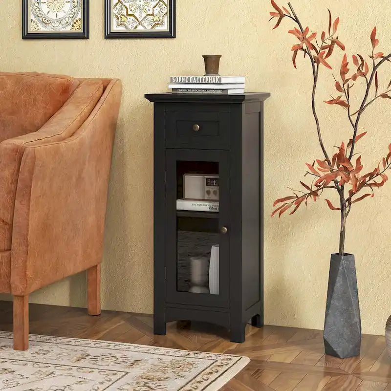 Black / Brown Bathroom Floor Cabinet with Glass Door & Drawer, Single, Freestanding
