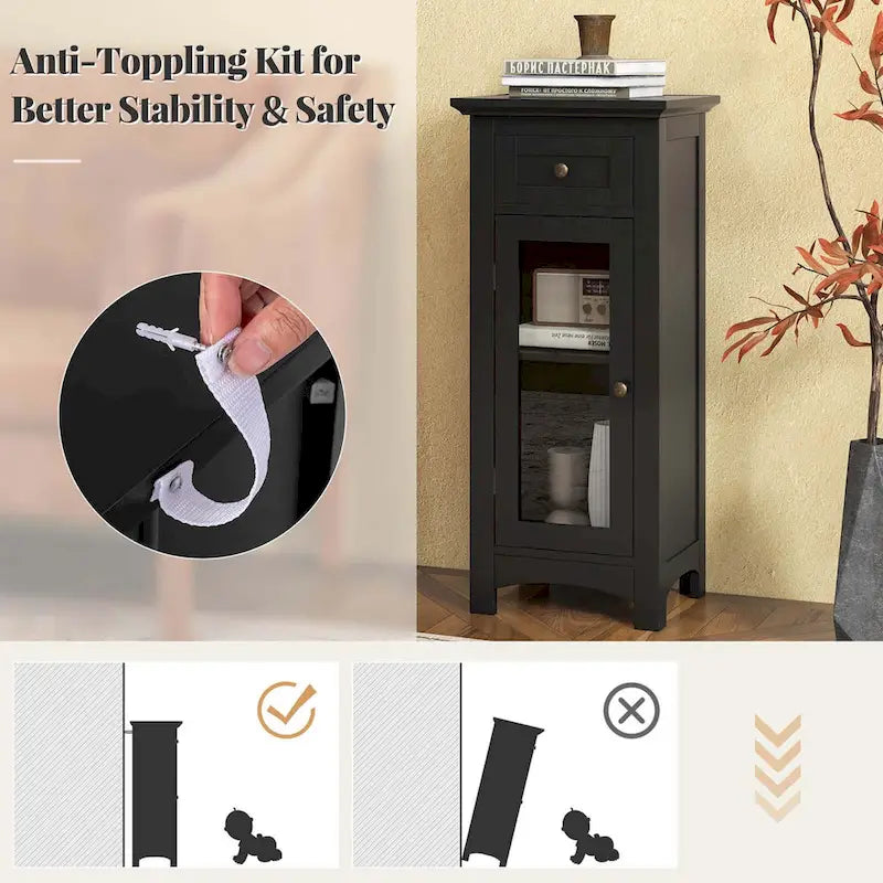 Black / Brown Bathroom Floor Cabinet with Glass Door & Drawer, Single, Freestanding