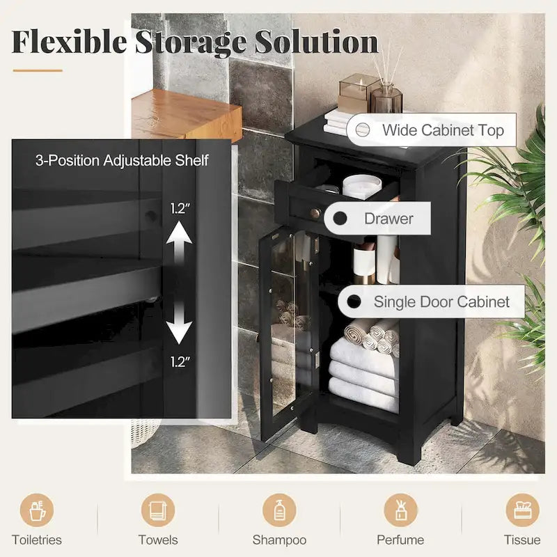 Black / Brown Bathroom Floor Cabinet with Glass Door & Drawer, Single, Freestanding