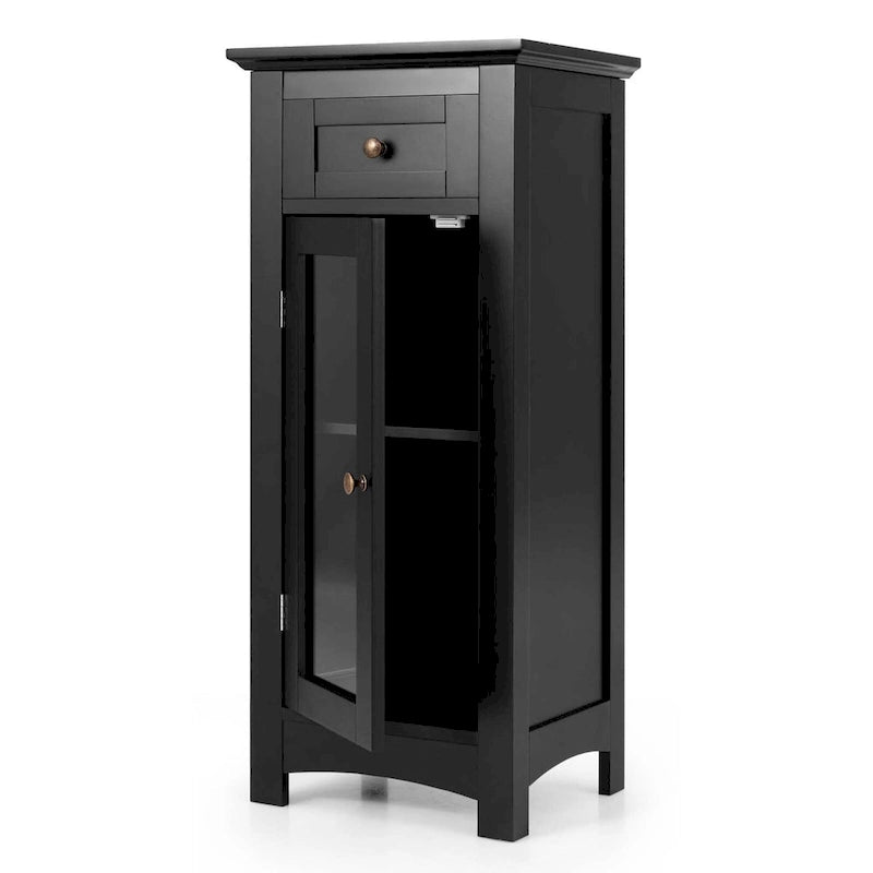 Black / Brown Bathroom Floor Cabinet with Glass Door & Drawer, Single, Freestanding