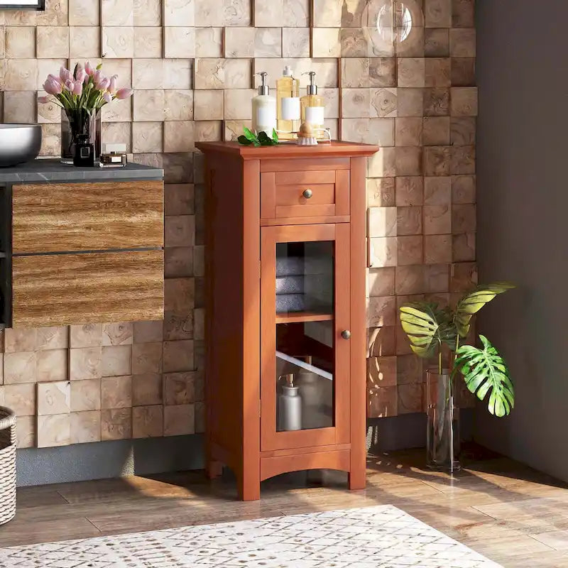 Black / Brown Bathroom Floor Cabinet with Glass Door & Drawer, Single, Freestanding
