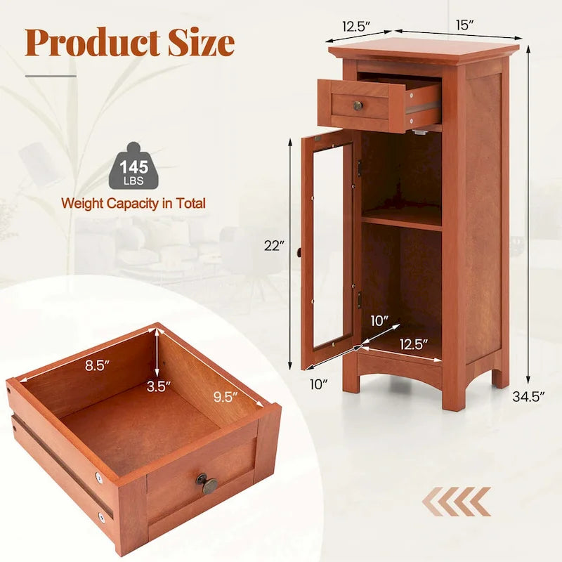 Black / Brown Bathroom Floor Cabinet with Glass Door & Drawer, Single, Freestanding