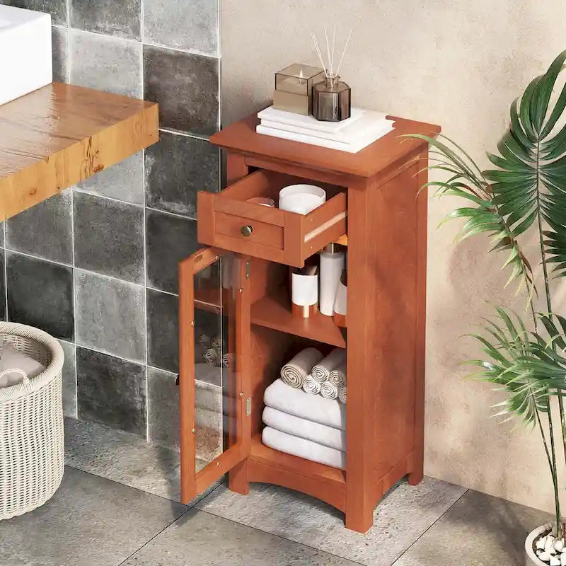 Black / Brown Bathroom Floor Cabinet with Glass Door & Drawer, Single, Freestanding