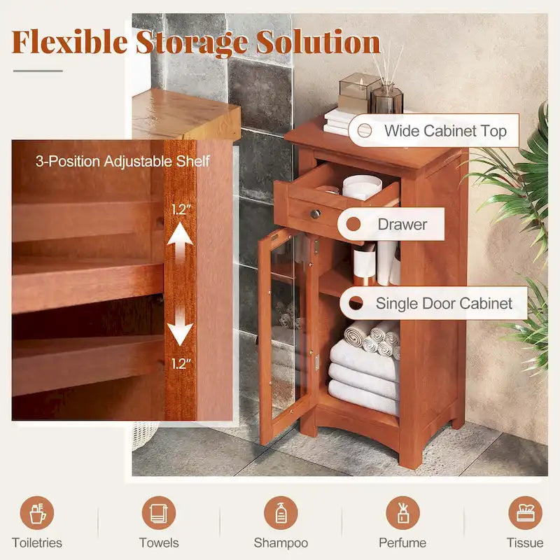 Black / Brown Bathroom Floor Cabinet with Glass Door & Drawer, Single, Freestanding