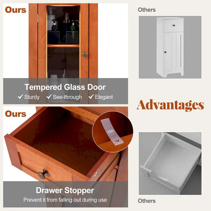 Black / Brown Bathroom Floor Cabinet with Glass Door & Drawer, Single, Freestanding