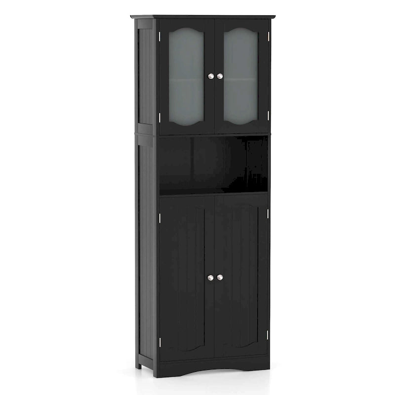 White / Black Tall Bathroom Storage Cabinet with Frosted Glass Doors, Single, Freestanding